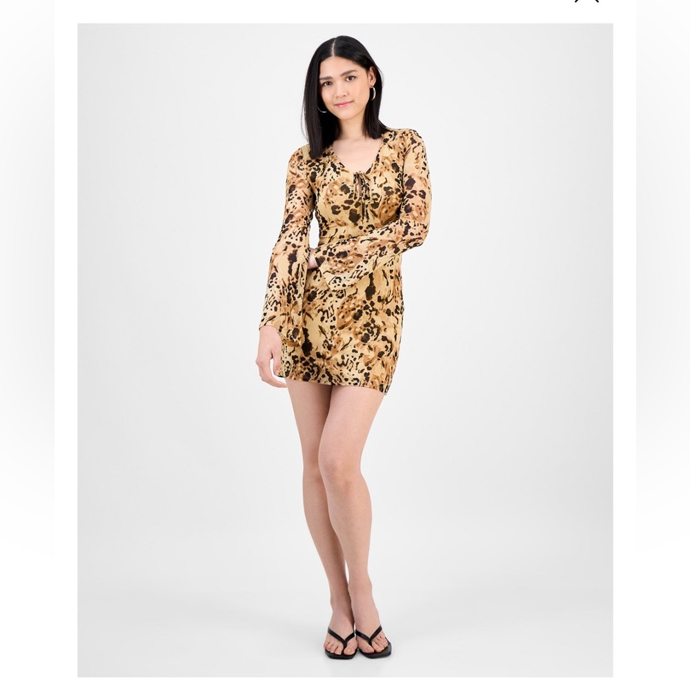NWT!! Bar III Printed Tie-Neck Long-Sleeve Mesh Dress in Marble Leopard